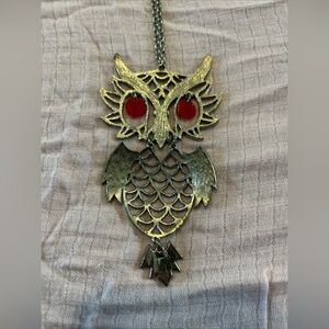 Vintage Boho 70s Owl Statement Necklace Beaded Eyes Hinged Costume Jewelry